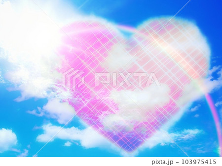 愛の概念で青空に浮かぶ抽象的なピンク色のハート形の雲の3dイラストの