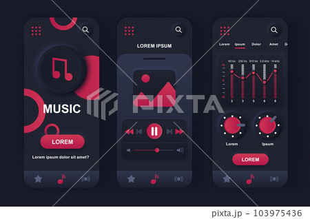 Music player unique neumorphic design kit for app. Audio player with music tracklist navigation, graphic equalizer screens. Music listening UI, UX template set. GUI for responsive mobile application. 103975436