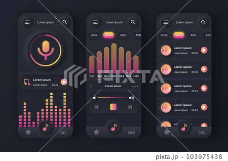 Music player unique neumorphic black design kit. Music app with voice recording, graphic equalizer and compositions playlist. Music listening UI, UX template set. GUI for responsive mobile application 103975438
