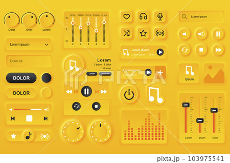 User interface elements for music player mobile app. Equalizer settings, playlist with compositions, search bar gui templates. Unique neumorphic ui ux design kit. Navigation and audio components. 103975541