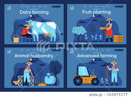 Advanced farming flat landing pages set. Agricultural workers milking cow and plant seedlings scenes for website or CMS web page. Dairy farming, fruit planting, animal husbandry 103975577