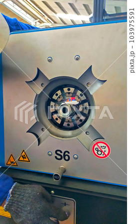 Electrical hydraulic hose press or crimp machine doing the high pressure hose pressing. Electrical hydraulic hose press or crimp machine doing the high pressure hose pressing. 103975591
