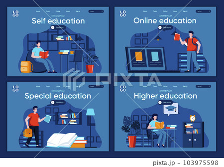 Online education flat landing pages set. Distance learning program in university, students study scenes for website or CMS web page. Self education, special and higher graduation 103975598
