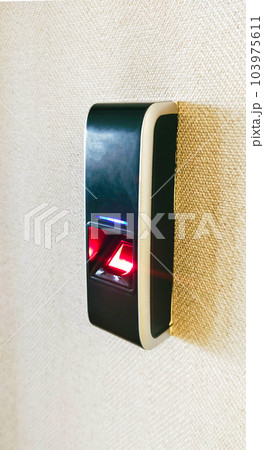 Access control biometric finger scanner security system to open the door. Access control biometric finger scanner security system to open the door. 103975611