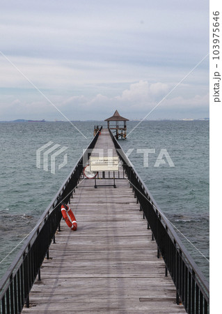 Fishing piers or boardwalk jetty at the seaside or resort being closed at the moment. 103975646