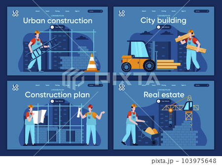 City building flat landing pages set. Professional engineering and building, people working on construction site scenes for website or CMS web page. Real estate, urban construction 103975648