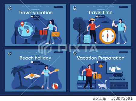 Travel vacation flat landing pages set. Summer time activity on beach, couple with luggage scenes for website or CMS web page. Travel time, beach holiday, vacation preparation Travel vacation flat landing pages set. Summer time activity on beach, couple with luggage scenes for website or CMS web page. Travel time, beach holiday, vacation preparation 103975691