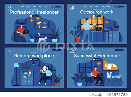 Outsource work flat landing pages set. Designers and developers working in home office scenes for website or CMS web page. Remote workplace, professional and successful freelancer 103975729