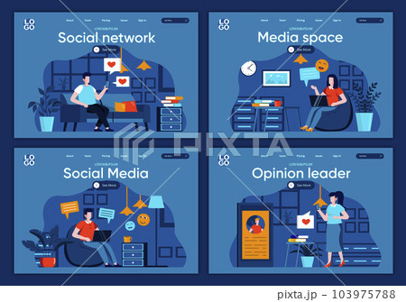 Social media flat landing pages set. Online communication and messaging with digital devices scenes for website or CMS web page. Social network, media space and opinion leader Social media flat landing pages set. Online communication and messaging with digital devices scenes for website or CMS web page. Social network, media space and opinion leader 103975788