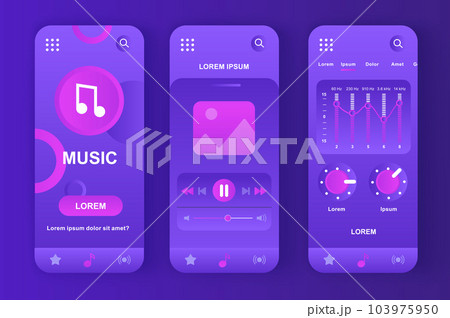 Music player unique neomorphic purple design kit for. Audio app with music tracklist navigation, graphic equalizer screens. Music listening UI, UX template set. GUI for responsive mobile application. 103975950