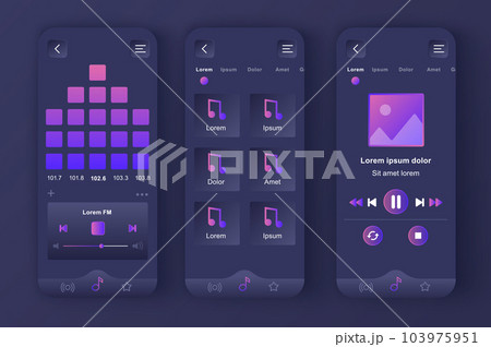 Music player unique neomorphic dark design kit. Audio app with graphic equalizer, playlist navigation and FM radio screens. Music listening UI, UX template set. GUI for responsive mobile application. 103975951