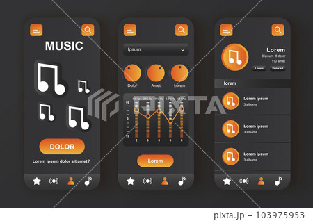 Music player unique neomorphic black design kit. Audio app with equalizer settings, compositions playlist and search bar. Music listening UI, UX template set. GUI for responsive mobile application. 103975953