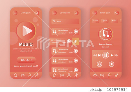 Music player unique coral red neomorphic design kit. Favorite playlist with tracks, search music and audio streaming. Online music app UI, UX template set. GUI for responsive mobile application. 103975954