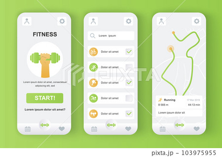 Fitness monitor unique neomorphic design kit for mobile app. Personal tracker with running route on map, different kinds of workouts. Sport UI, UX template set. GUI for responsive mobile application. 103975955