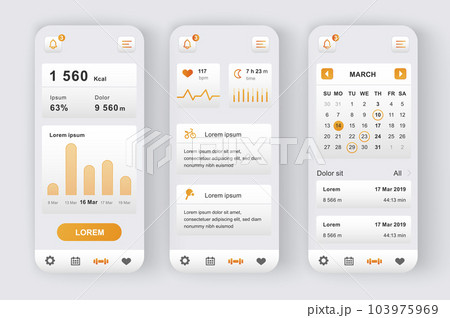 Fitness workout unique neomorphic design kit. Fitness activity app with calendar planner, heart rate monitor and online analytics. Sport UI, UX template set. GUI for responsive mobile application. 103975969