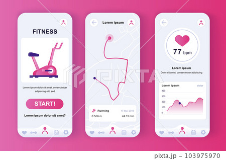 Fitness workout unique neomorphic pink design kit for mobile app. Fitness tracker with running route planner and heart rate monitor. Sport UI, UX template set. GUI for responsive mobile application. 103975970