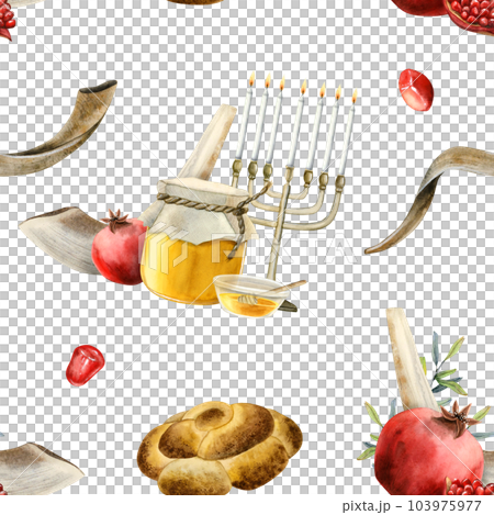 Rosh hashanah symbols watercolor seamless pattern on white background with shofars, menorah, traditional food for Jewish new year gift wrapping and greeting designs 103975977