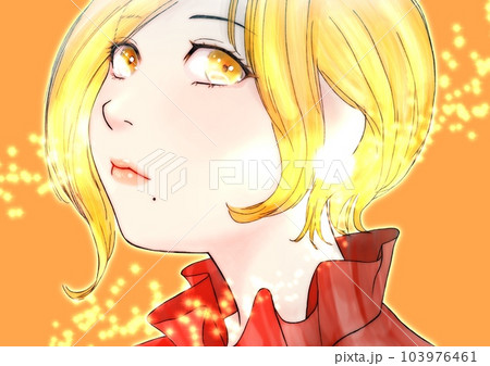 斜め上向き顔の女の子の線画カラーイラスト　髪=金　背景=オレンジ 103976461