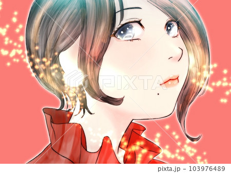 斜め上向き顔の女の子の線画カラーイラスト 髪=黒 背景=薄い赤の