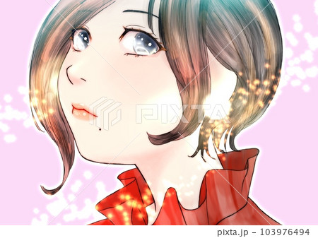 斜め上向き顔の女の子の線画カラーイラスト　髪=黒　背景=ピンク 103976494