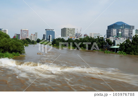Flash flood. Torrential rains that fill the rivers and roads instantly causing flooding. Rain concept. Torrential rain. Floods. 103976788