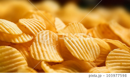 Delicious crispy potato chips, famous snack, fat food, wallpaper, texture, for banner, flyer Delicious crispy potato chips, famous snack, fat food, wallpaper, texture, for banner, flyer 103977598