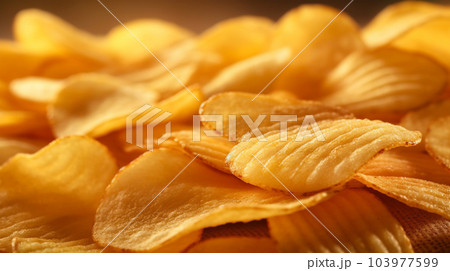 Delicious crispy potato chips, famous snack, fat food, wallpaper, texture, for banner, flyer 103977599