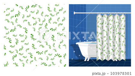 Bathroom interior with bathtub and curtain decorated with thin birch twigs and green leaves pattern. Floral ornament. Vector illustration, ornament for design of posters and printing on fabrics 103978301