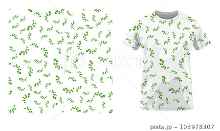 Short sleeved cotton sports t shirt decorated thin birch twigs and green leaves seamless pattern. Floral ornament. Comfortable summer clothes. Vector ornament for design of textile and fabric 103978307