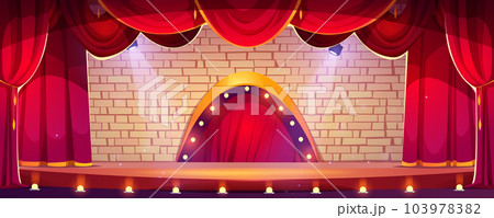 Cartoon theater concert stage with red curtain Cartoon theater concert stage with red curtain 103978382