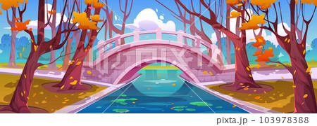 Bridge in autumn park with river cartoon landscape Bridge in autumn park with river cartoon landscape 103978388