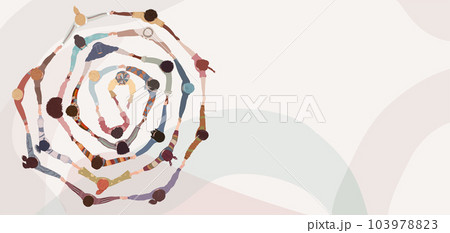 Group of people in circle from diverse culture holding hands.Teamwork and cooperation.Community of friends or volunteers committed to social issues for peace and the environment.Top view 103978823