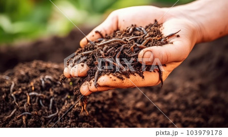 Hands Holding earthworms. Composting and gardening concept. Garden compost. Generative AI 103979178