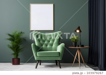 Vertical frame mock up in modern interior with green armchair and plant. Scandinavian style - Generative AI 103979267