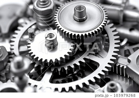 Silver gears and mechanical devices. Generative AI 103979268