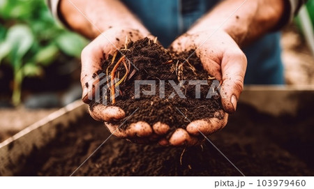 Hand of male holding soil in the hands for planting. Generative AI 103979460