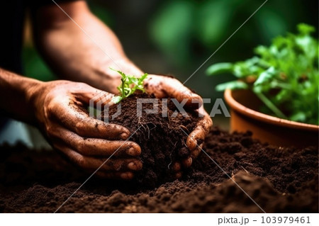 Hand of male holding soil in the hands for planting. Generative AI Hand of male holding soil in the hands for planting. Generative AI 103979461