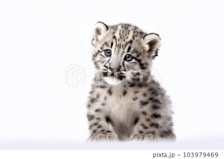 Snow Leopard cub isolated on on white background, Panthera uncia. Generative AI 103979469