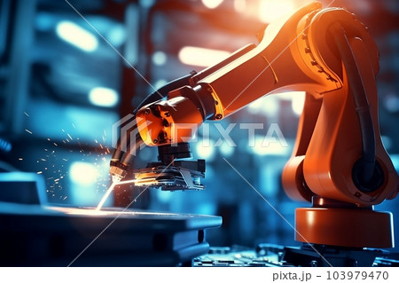 Robotic arm for electronic assembly line. Smart modern factory automation using advanced machines. Generative AI 103979470
