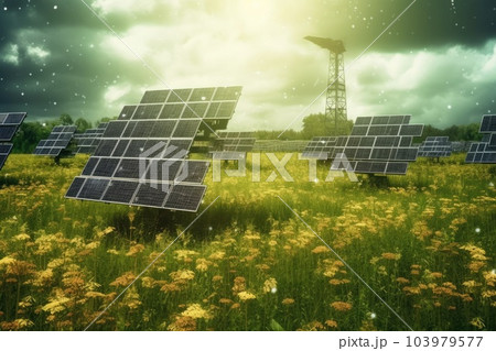 Solar panels in nature. Generative AI 103979577