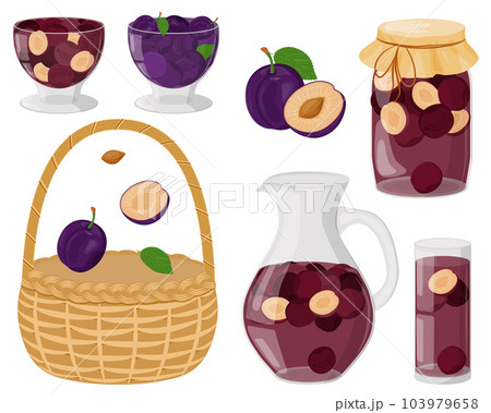 A set of plums. Summer compote in a decanter, glass, jar. Drinking and jam from homemade fruits. Berries for a healthy drink. The concept of healthy eating. Wicker basket. Vector illustration. 103979658