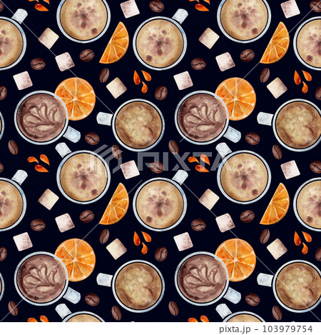 Watercolor hand drawn seamless pattern with coffee cups, beans, sugar cubes, orange slices, juice drops. Isolated on dark background For invitations, cafe, restaurant food menu, print, website, cards Watercolor hand drawn seamless pattern with coffee cups, beans, sugar cubes, orange slices, juice drops. Isolated on dark background For invitations, cafe, restaurant food menu, print, website, cards 103979754