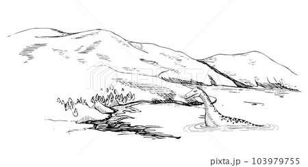 Ink hand drawn sketch vector illustration. Landscape scenery of highlands countryside nature. Hills, lake, monster. Horizontal banner composition. Design for travel, tourism, brochure, print, wall art 103979755