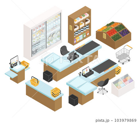 Grocery shop - modern colorful vector isometric object set Grocery shop - modern colorful vector isometric object set 103979869