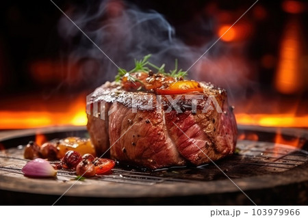 Grilled beef steak on wooden board. Generative AI 103979966