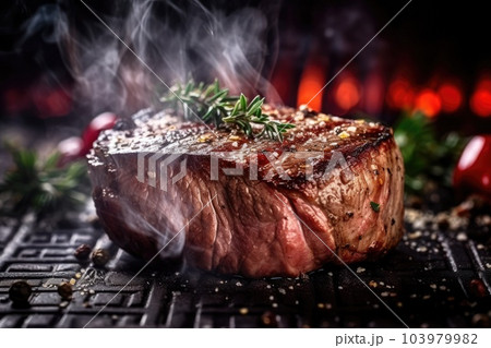 Grilled beef steak on wooden board. Generative AI 103979982