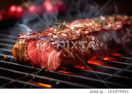 Beef steak on the grill with smoke and flames. Generative AI 103979983