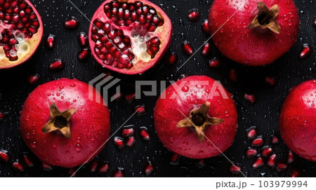 Pomegranate fruits on dark background, top view. Generative AI 103979994