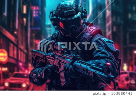 Special forces soldier police a with high technology gun. Generative AI 103980443