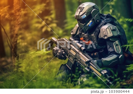Special forces soldier police a with high technology gun. Generative AI 103980444